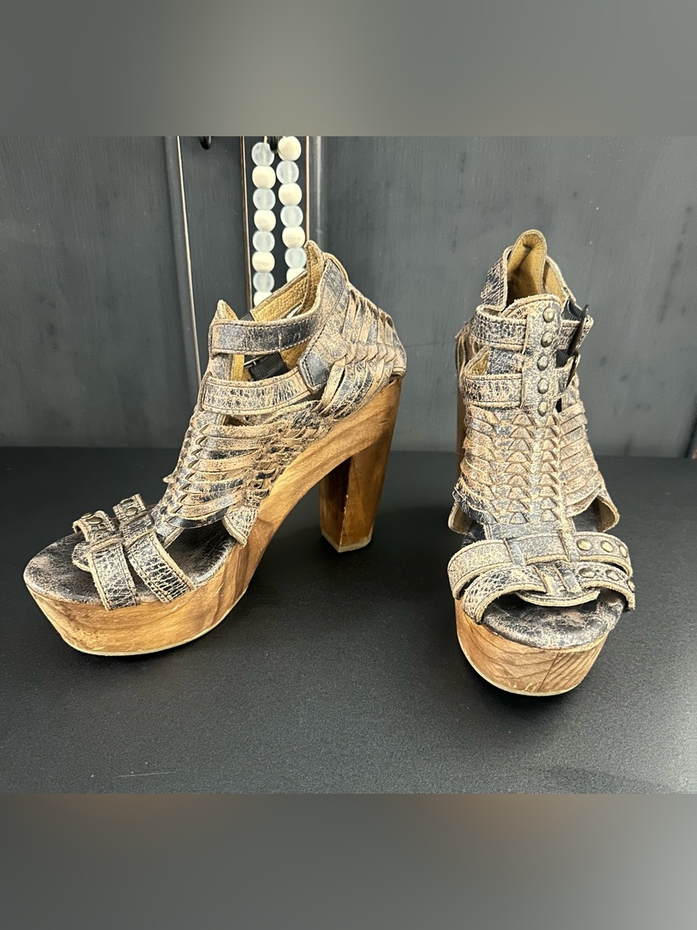 BED|STU Tan Woven Leather Platform Sandals